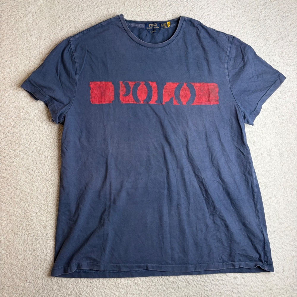 Polo Ralph Lauren Mens XL Navy Distressed Red Block Logo T-Shirt Classic Fit